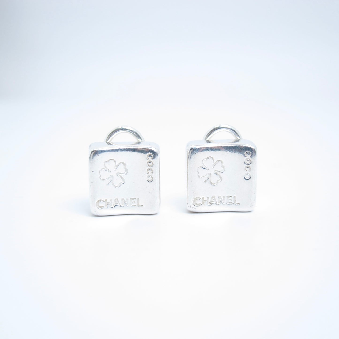 Chanel Vintage Chanel Logo and Clover Square SV 925 Silver Clip-on Earrings