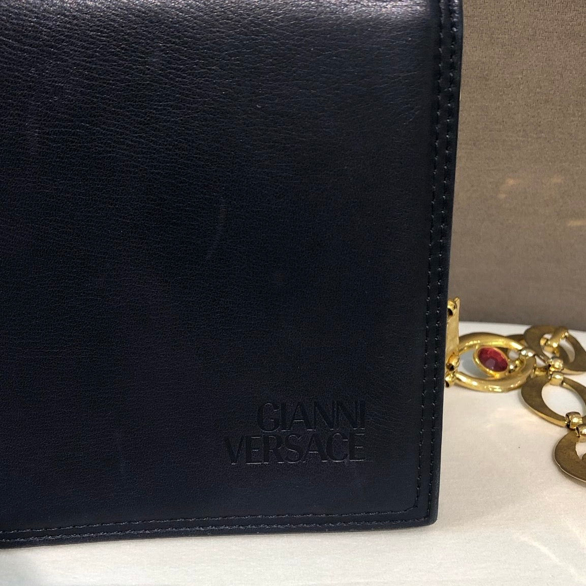 Versace Vintage Navy Leather Chain Shoulder Bag With Exotic Trim