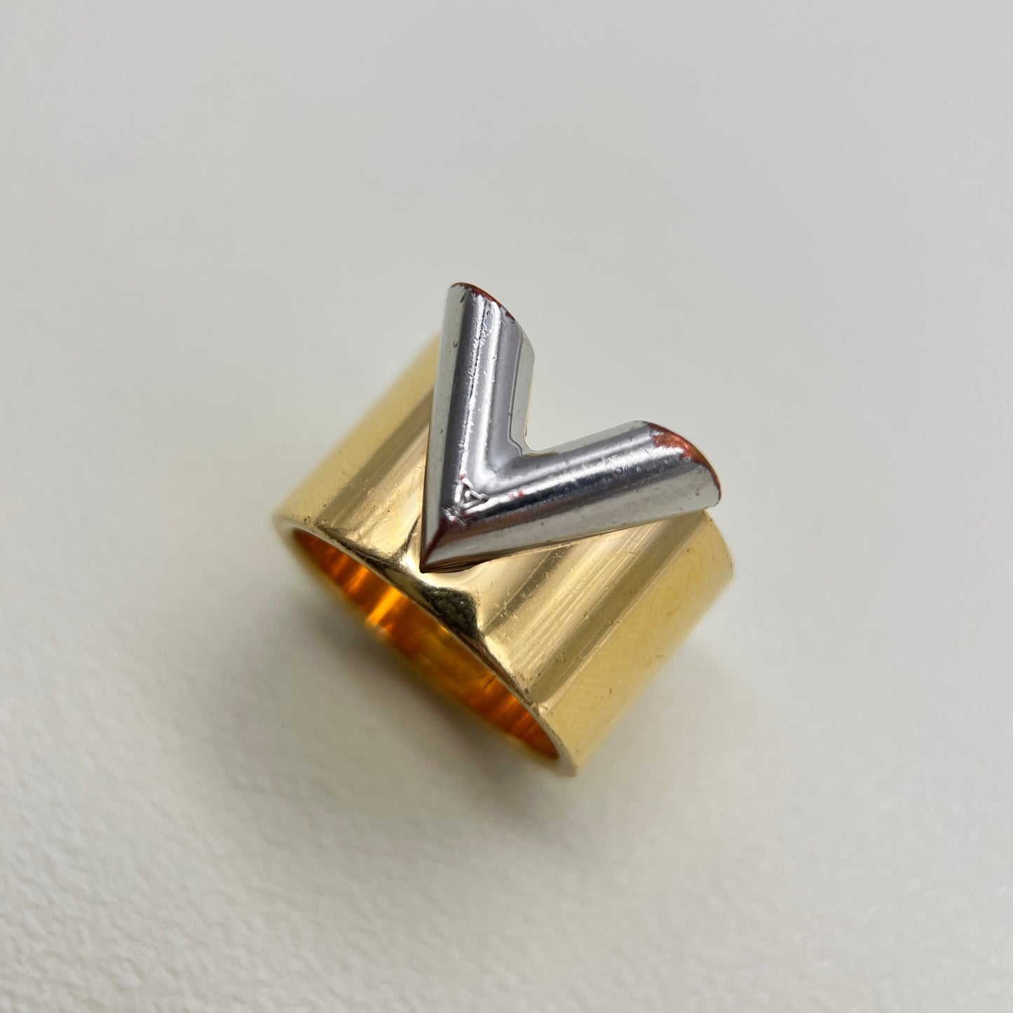 Louis Vuitton Vintage Two Tone V Logo Golden Ring #13.5