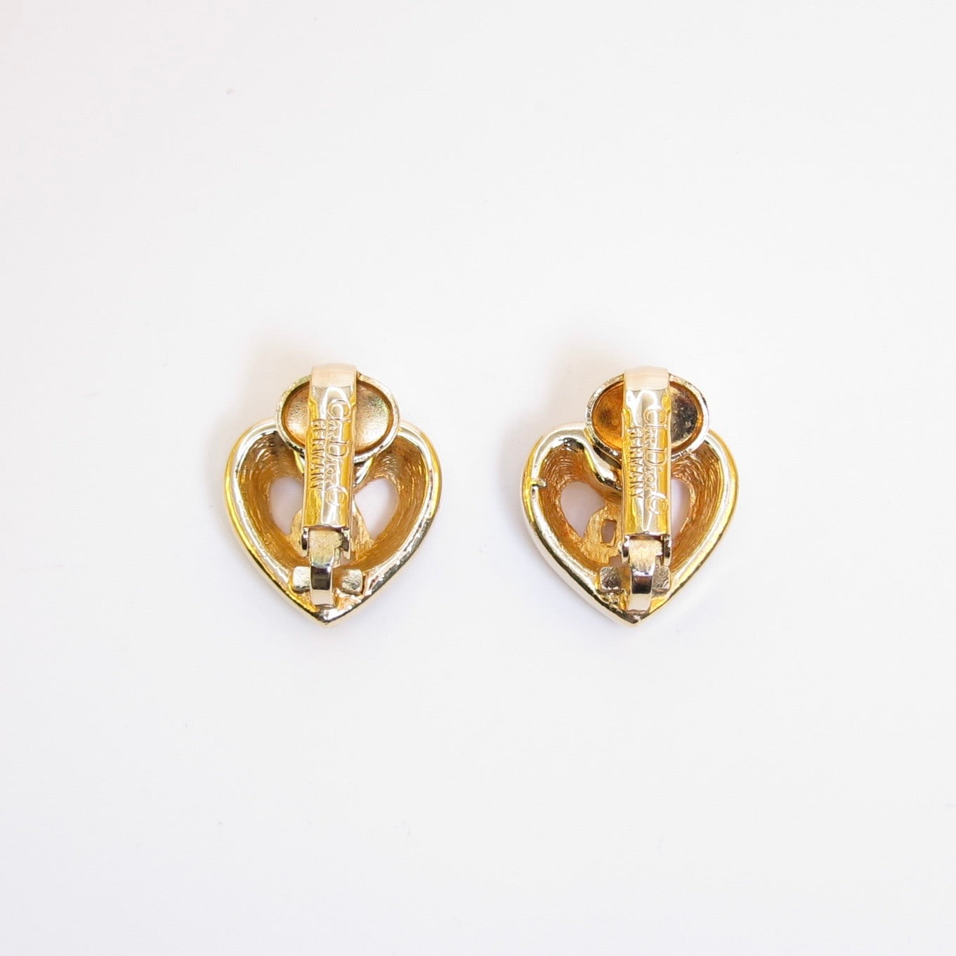 Christian Dior Vintage CD Logo in Heart with Rhinestone Golden Clip-on Earrings
