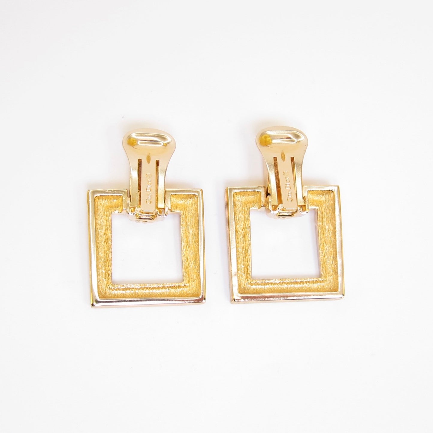 Christian Dior Vintage Textured Square Drop Golden Clip-on Earrings