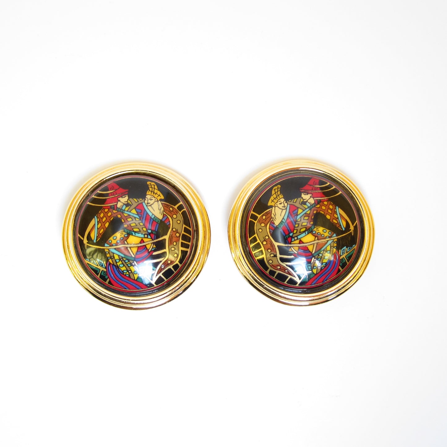 Hermes Vintage Round Shape Black Enamelled Golden Clip-on Earrings