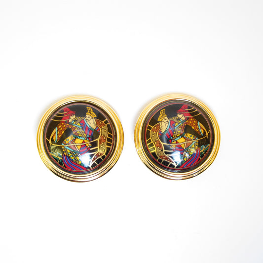 Hermes Vintage Round Shape Black Enamelled Golden Clip-on Earrings