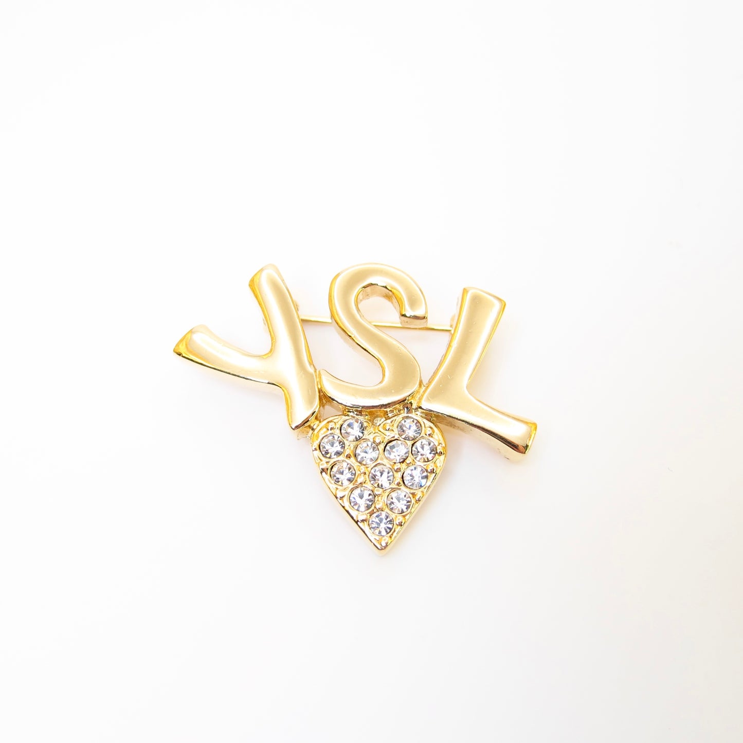 Yves Saint Laurent Vintage YSL Logo and Heart with Rhinestone Golden Brooch