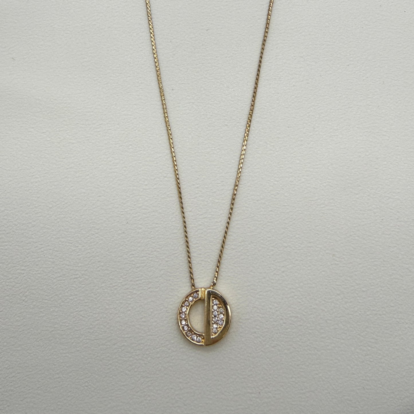 Christian Dior Vintage Round Shape CD Logo with Rhinestone Golden Necklace