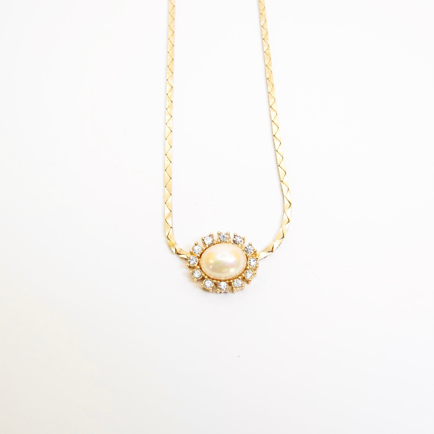 Christian Dior Vintage Oval Shape Pearl and Rhinestone Golden Necklace