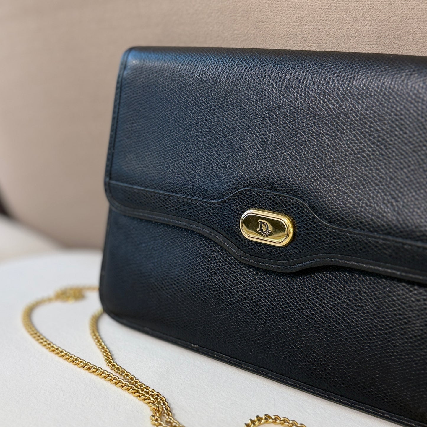 Christian Dior Golden Logo Black Leather Shoulder Bag With Golden Chain