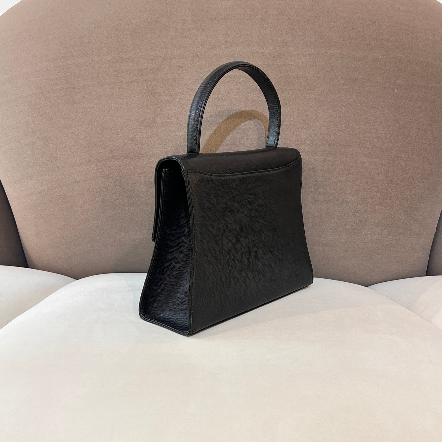 Givenchy Vintage Black Leather Gold Logo Turn Lock Top Handle Bag