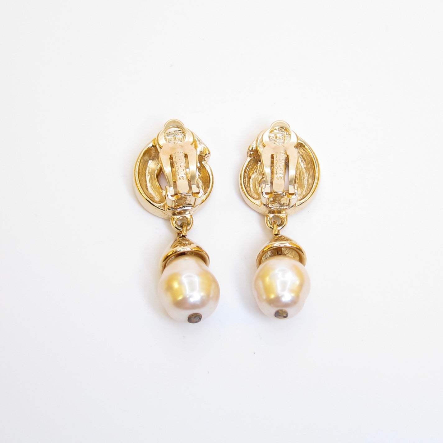 Givenchy Vintage G Logo and Pearl Drop Golden Clip-on Earrings