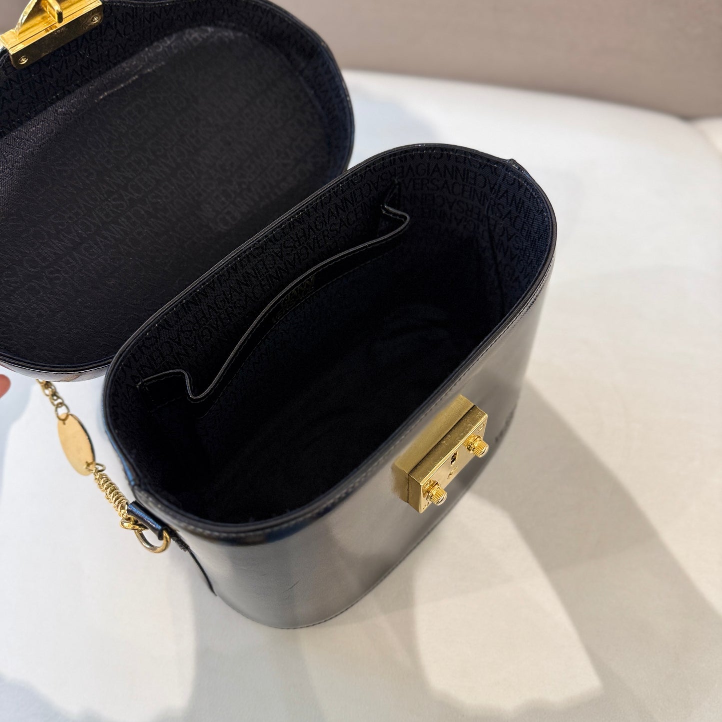 Versace Vintage Black Leather Vanity Style Medallion Top Handle Handbag