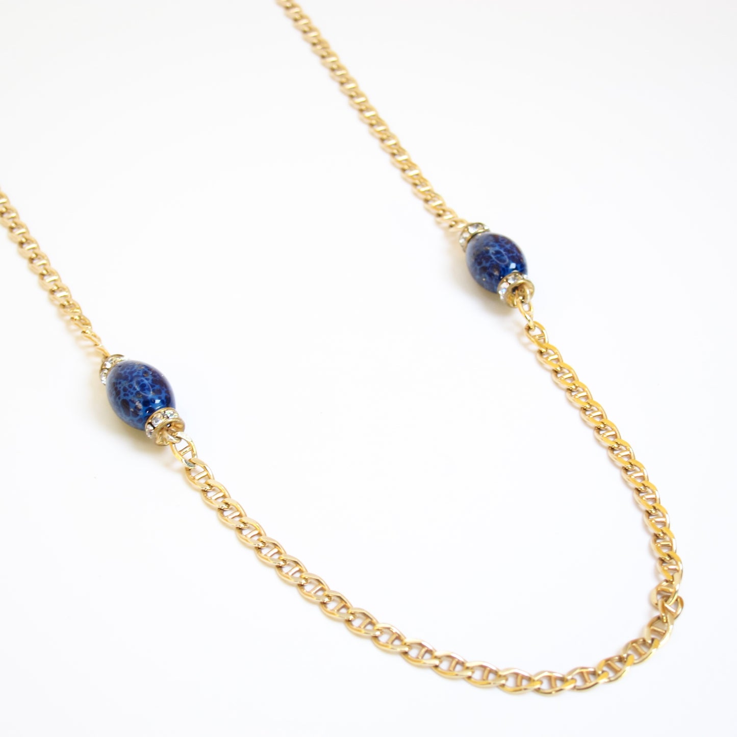Christian Dior Vintage Lapis Lazuli Color Stone and Rhinestone Golden Long Necklace