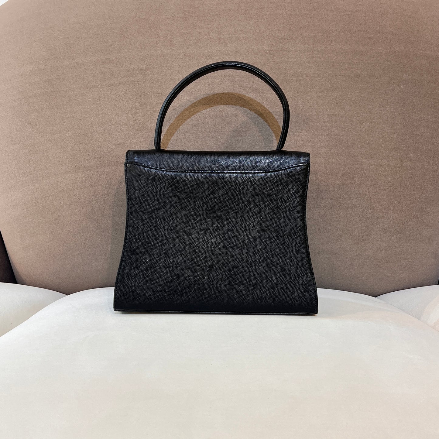 Givenchy Vintage Black Leather Gold Logo Turn Lock Top Handle Bag