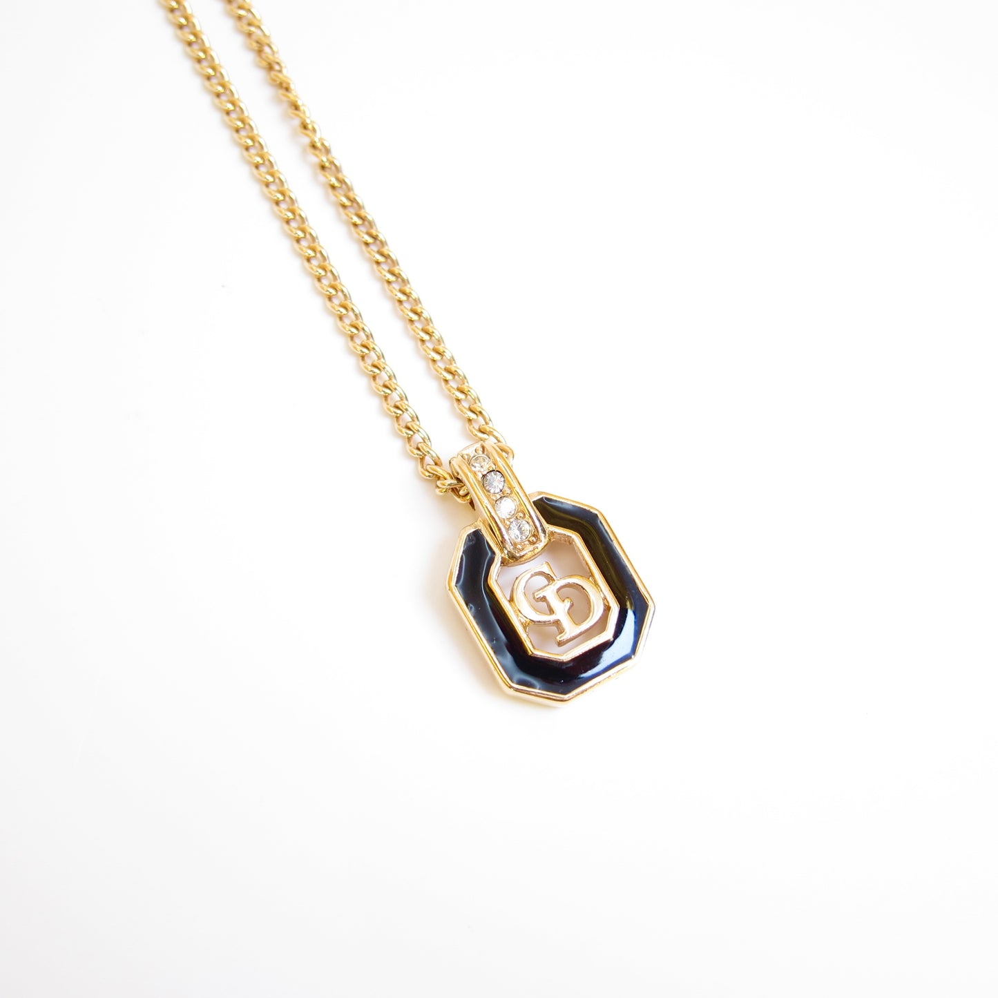 Christian Dior Vintage CD Logo in Octagon Black and Rhinestone Golden Necklace