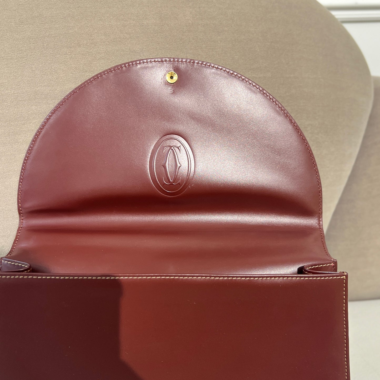 Cartier Vintage Golden Buckle Burgundy Red Leather Top Handle Handbag