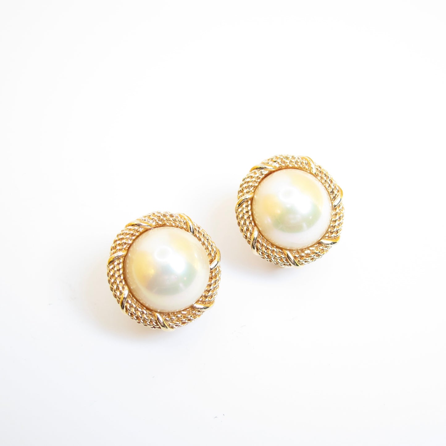 Christian Dior Vintage Round Shape Pearl Golden Clip-on Earrings