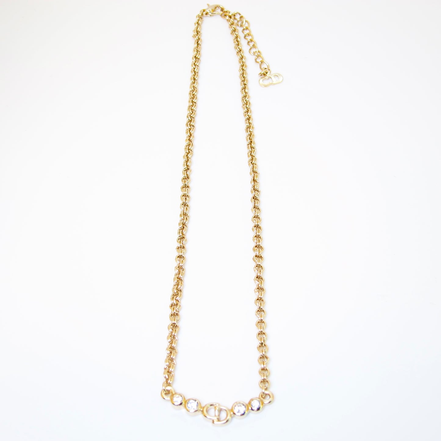 Christian Dior Vintage CD Logo and Rhinestone Golden Necklace