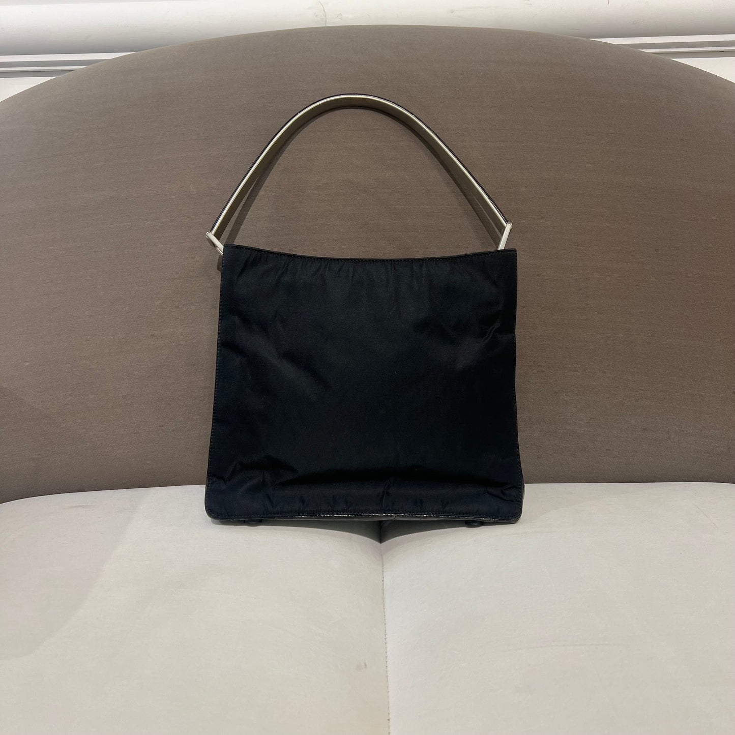 Prada Vintage Black Tessuto Metallo With Plastic Top Handle