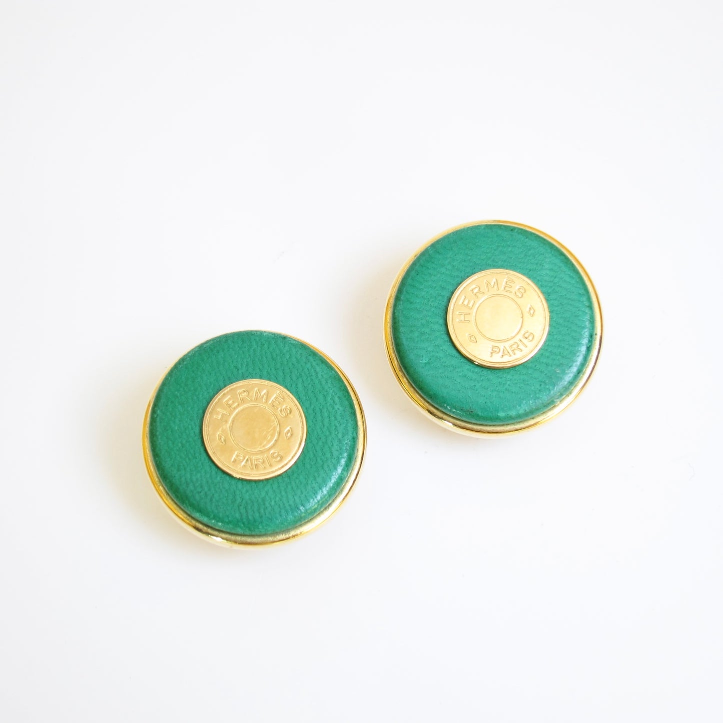 Hermes Vintage Serie Green Leather and Golden Clip-on Earrings