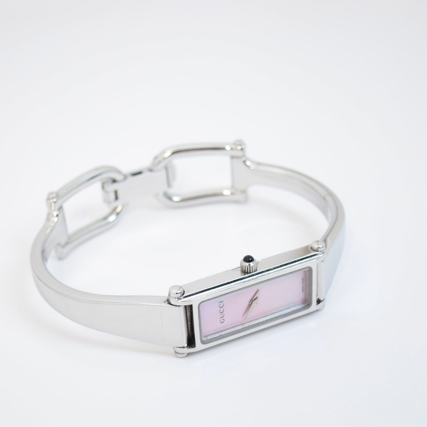 Gucci Vintage Rectangle Pink Shell Pearl Face Silver Bangle Watch