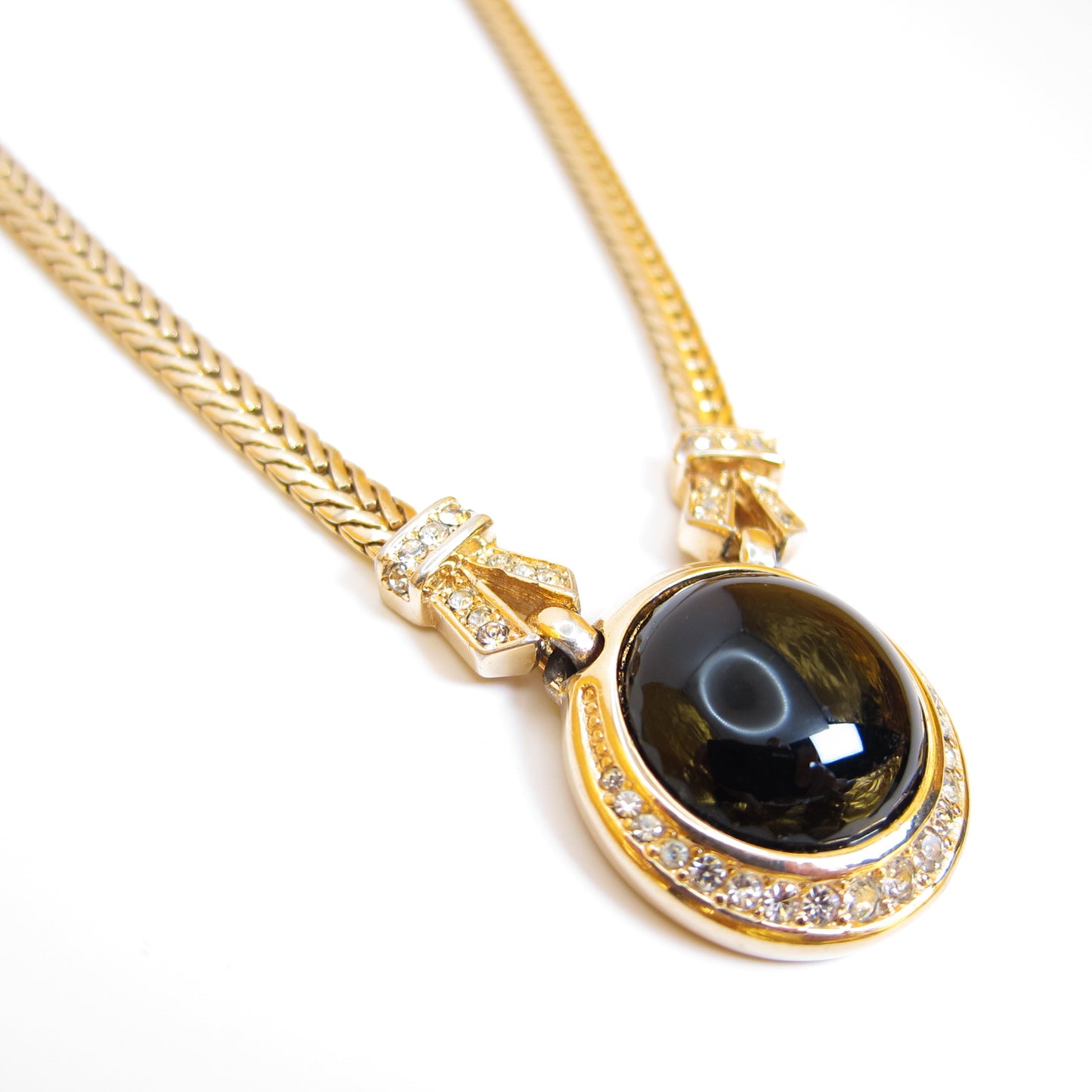 Christian Dior Vintage Round Shape Black and Rhinestone Golden Necklace