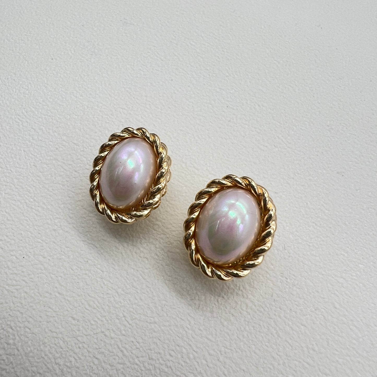 Christian Dior Vintage Oval Shape Twist and Pearl Golden Clip-on Earrings