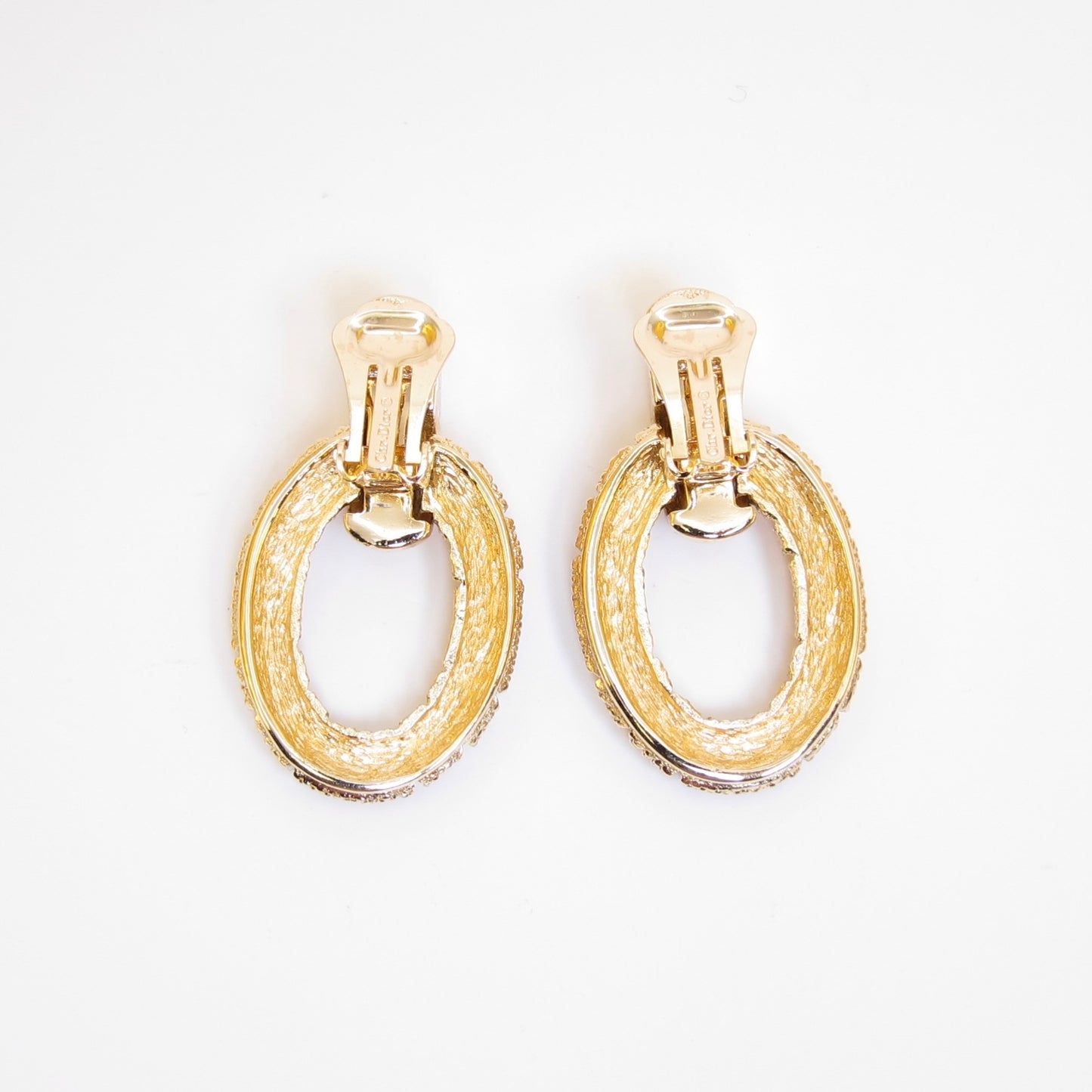 Christian Dior Vintage Textured Oval Door Knocker Golden Clip-on Earrings
