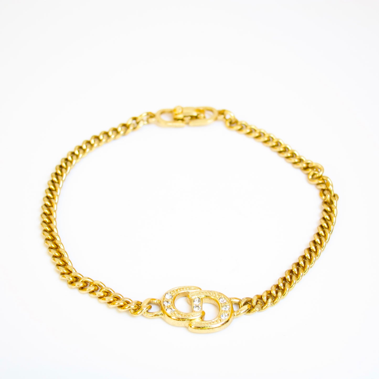 Christian Dior Vintage CD Logo with Rhinestone Golden Bracelet