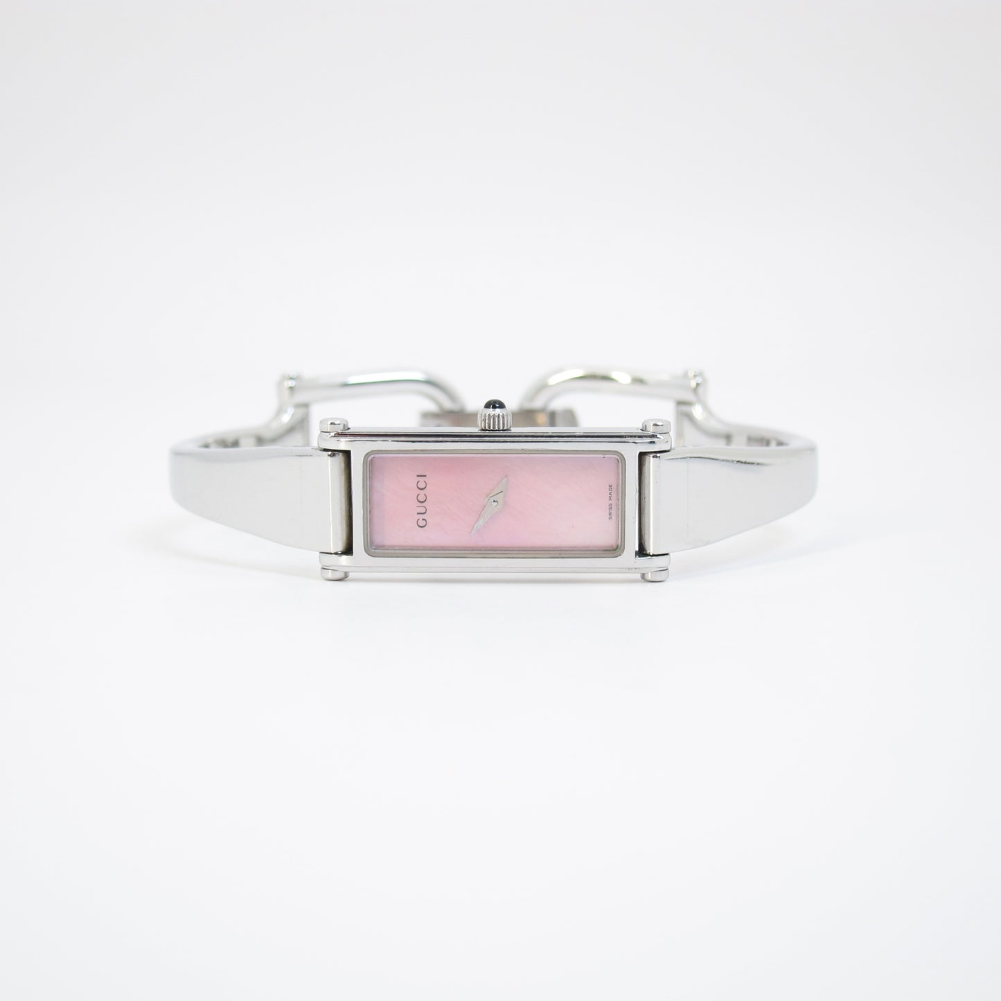 Gucci Vintage Rectangle Pink Shell Pearl Face Silver Bangle Watch