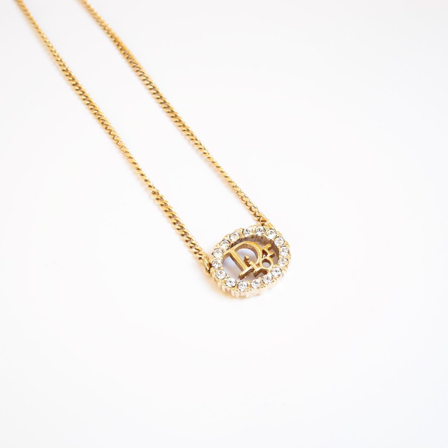 Christian Dior Vintage Dior Logo in Oval Shape with Rhinestone Golden Necklace