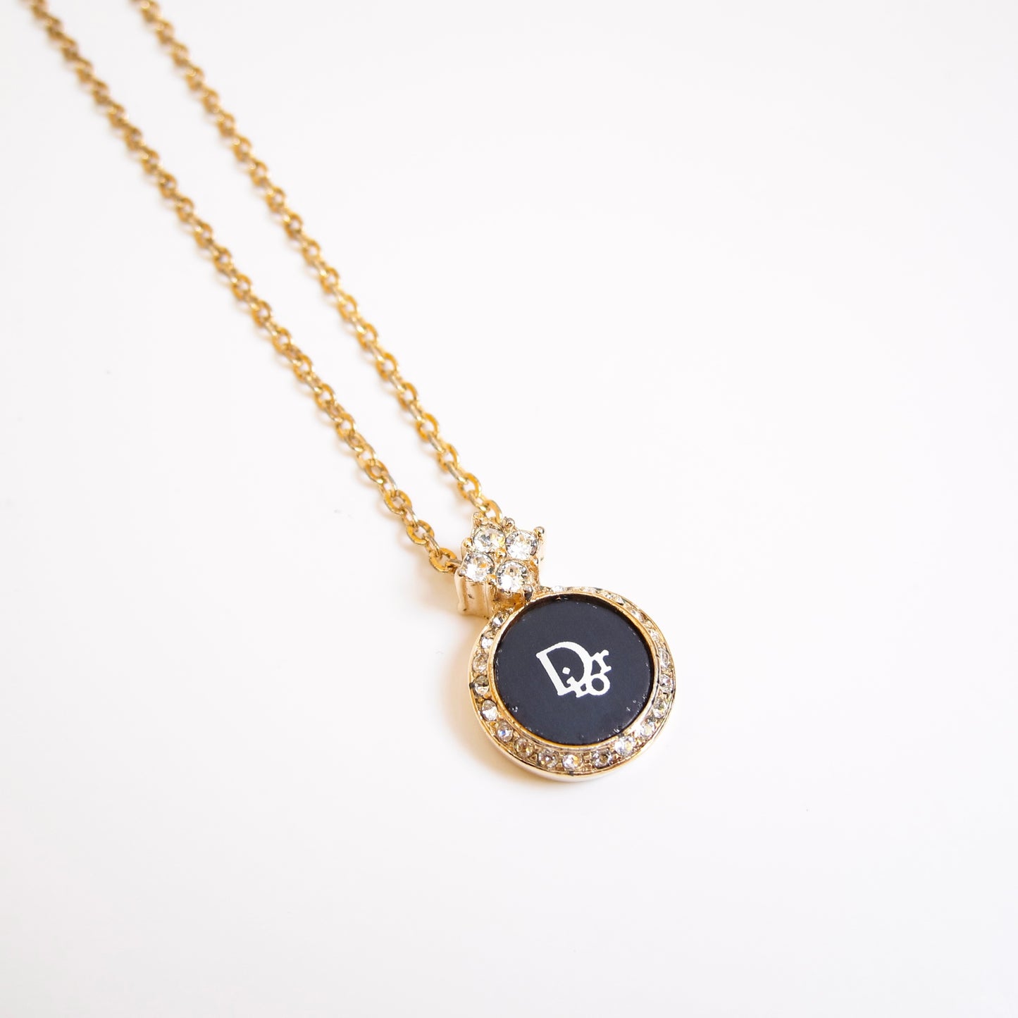 Christian Dior Vintage Dior Logo in Black Circle with Rhinestone Golden Necklace