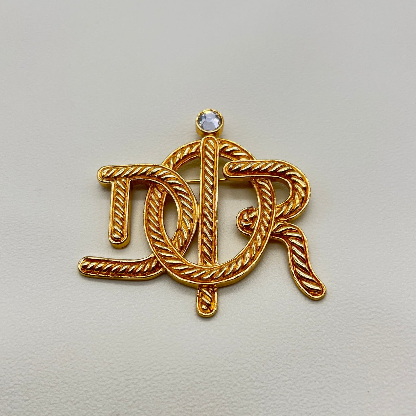 Christian Dior Vintage Dior Logo With Rhinestone Golden Brooch