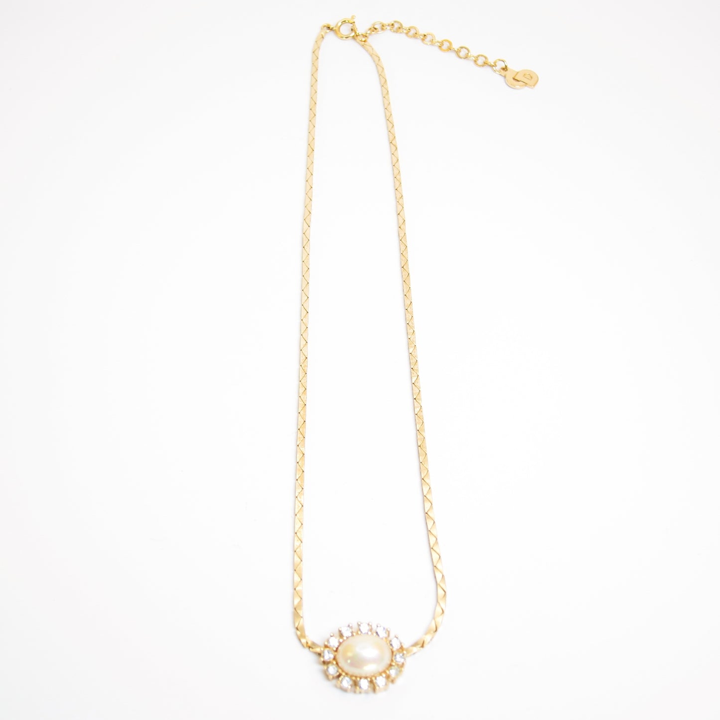 Christian Dior Vintage Oval Shape Pearl and Rhinestone Golden Necklace