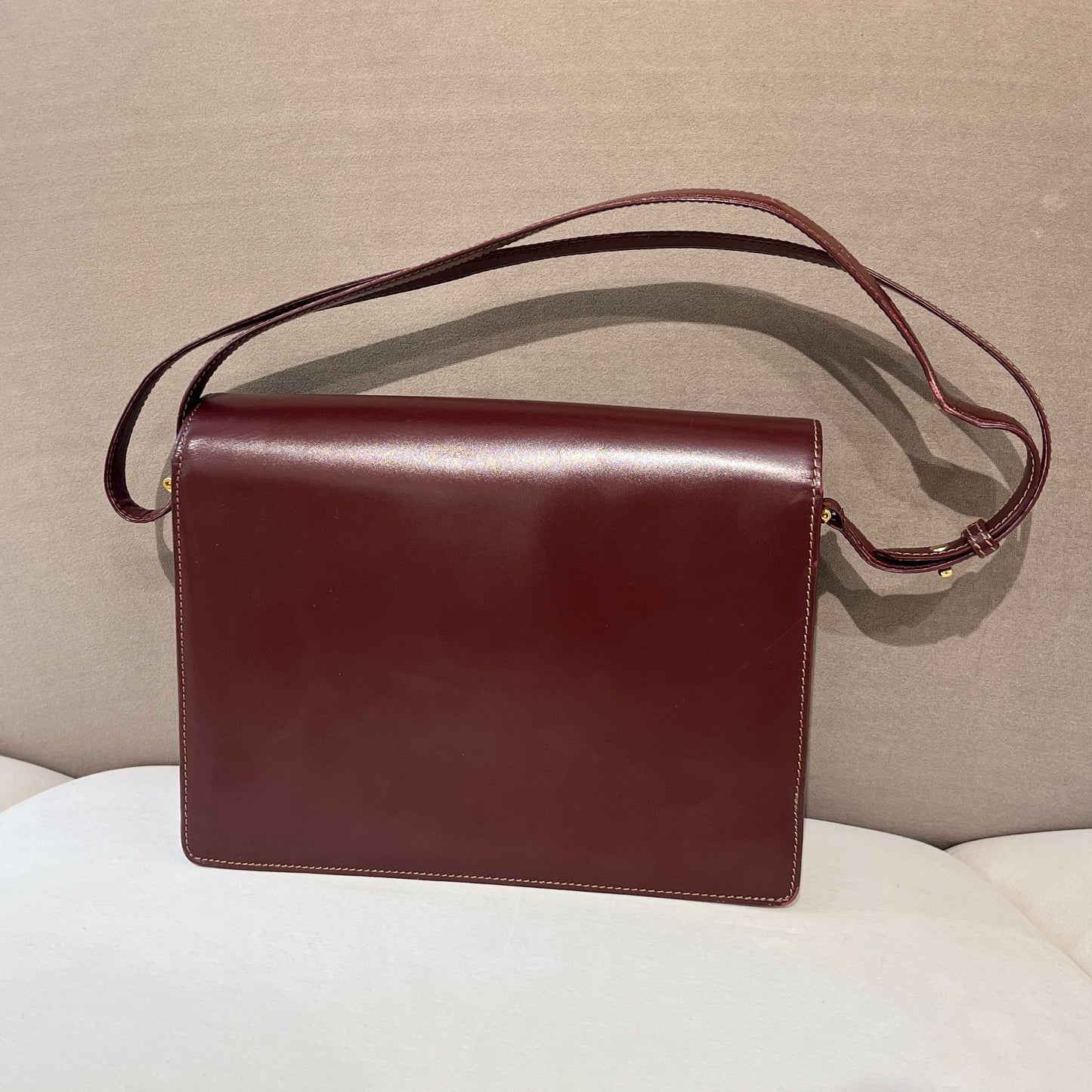 Cartier Vintage Golden Buckle Burgundy Red Leather Shoulder Bag