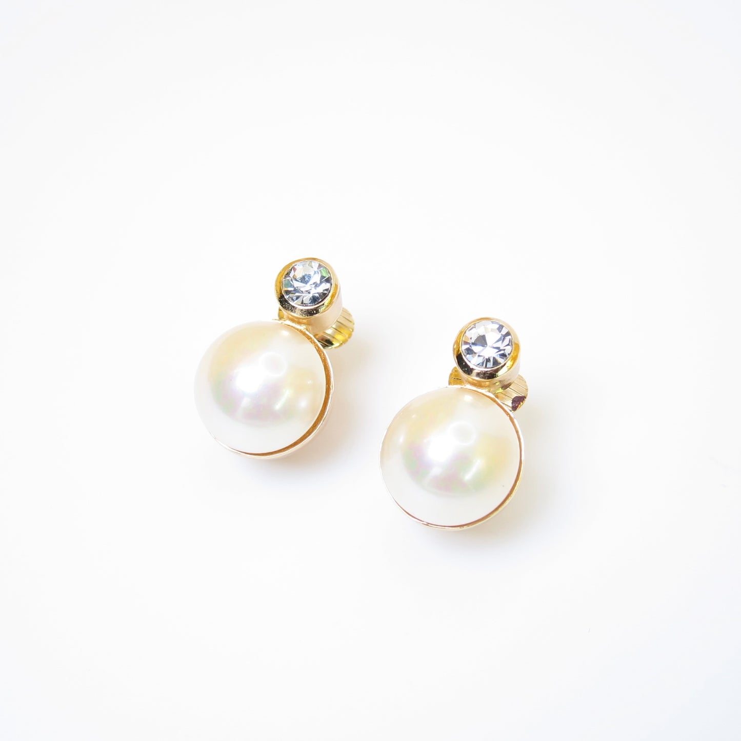 Christian Dior Vintage Round Shape Pearl and Rhinestone Golden Clip-on Earrings