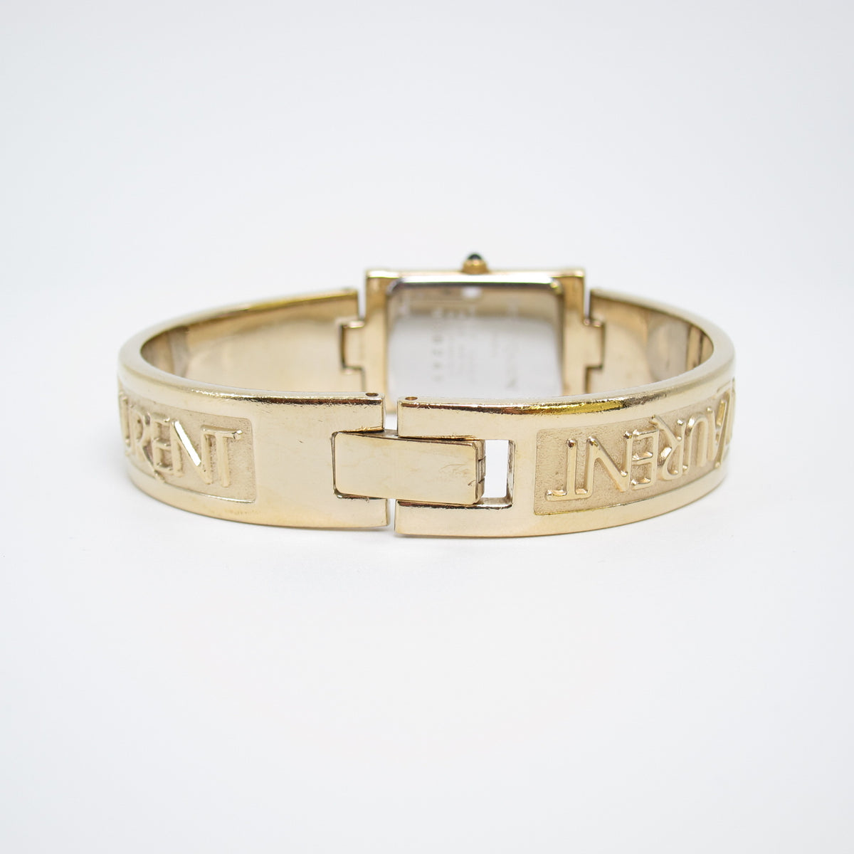 Yves Saint Laurent Vintage Rectangle Shell Pearl Face and Logo Engraved Golden Bangle Watch