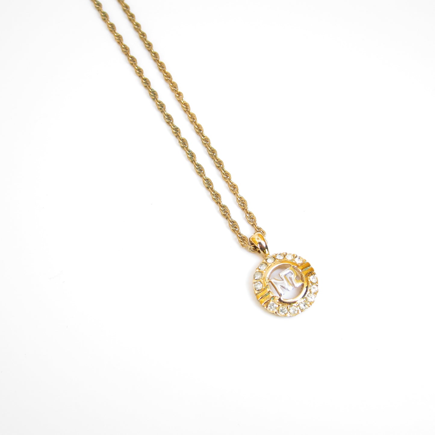 Nina Ricci Vintage NR Logo in Circle with Rhinestone Golden Necklace