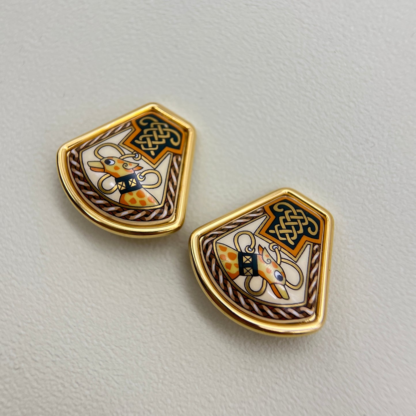 Hermes Vintage Multi Color Enamelled Golden Clip-on Earrings