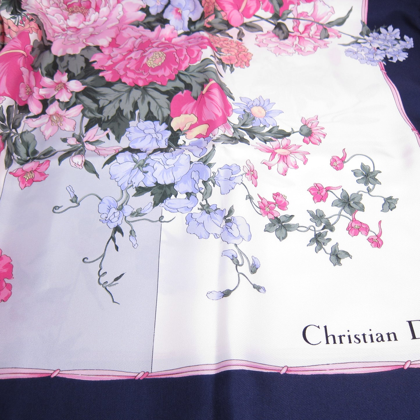 Christian Dior Vintage Floral Motif with Navy Blue Border Silk Scarf
