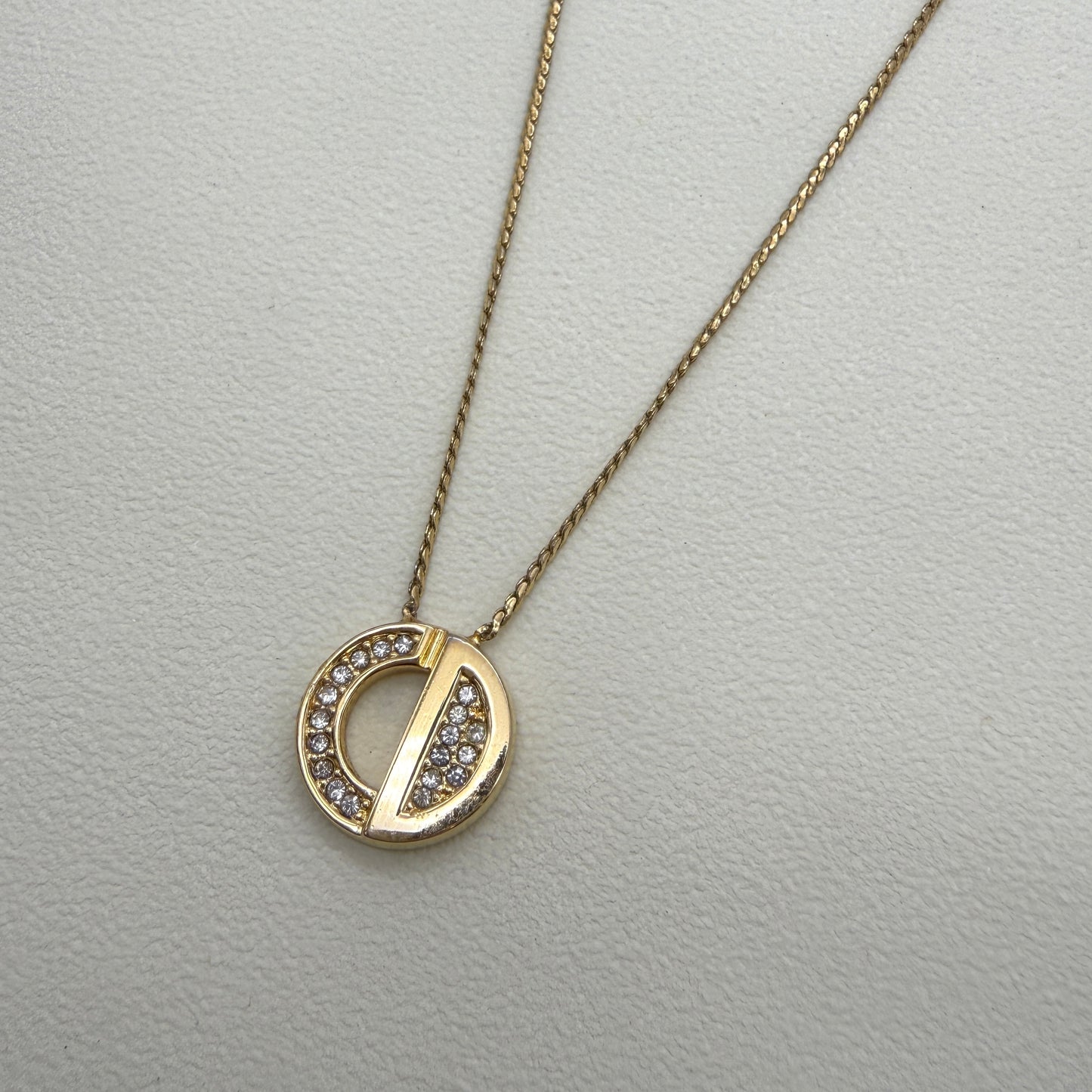 Christian Dior Vintage Round Shape CD Logo with Rhinestone Golden Necklace