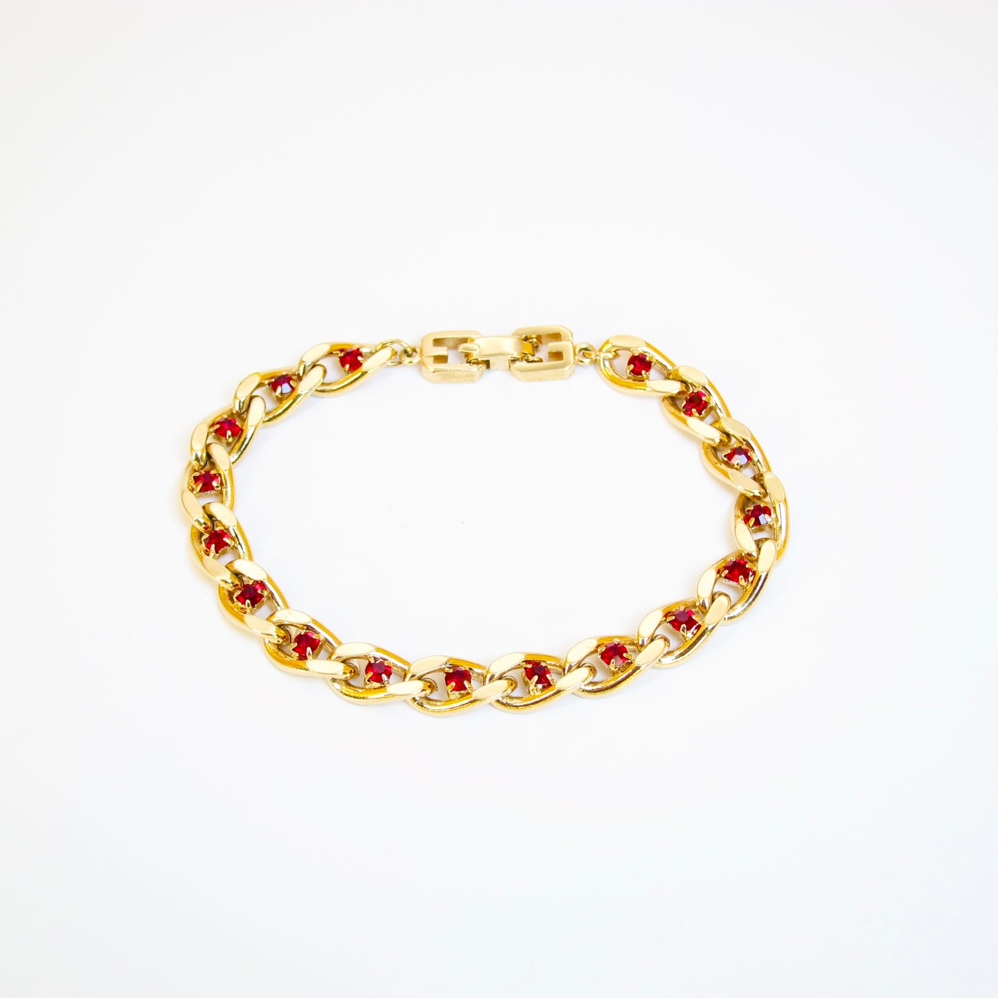 Givenchy Vintage Stylish Red Rhinestone Golden Chain Bracelet