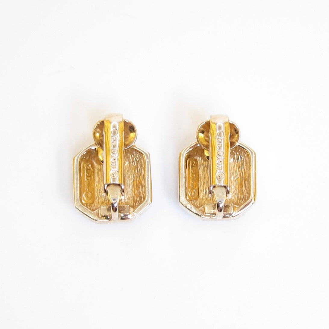 Christian Dior Vintage Octagon Green and Rhinestone Golden Clip-on Earrings