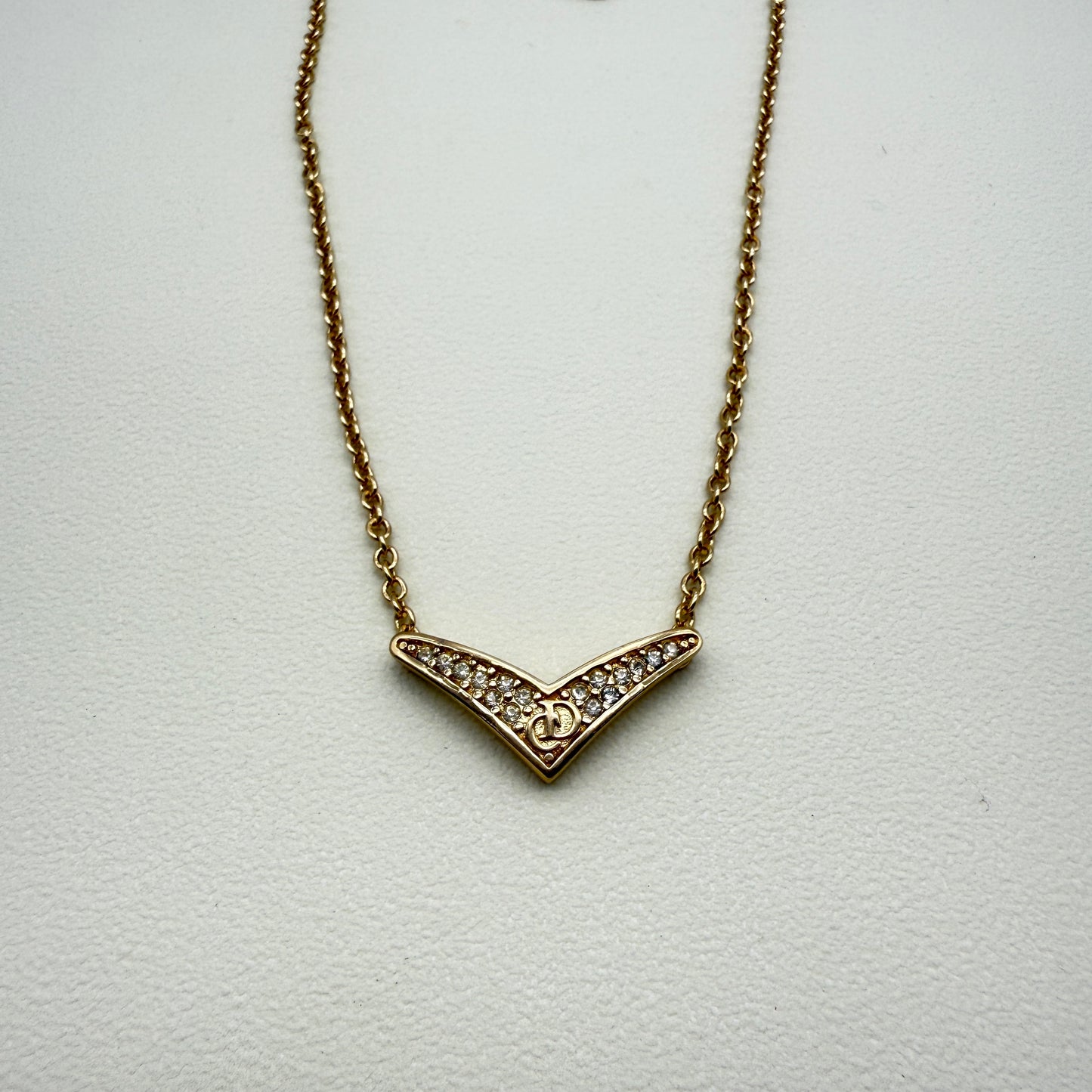 Christian Dior Vintage CD Logo in V Shape with Rhinestone Golden Necklace
