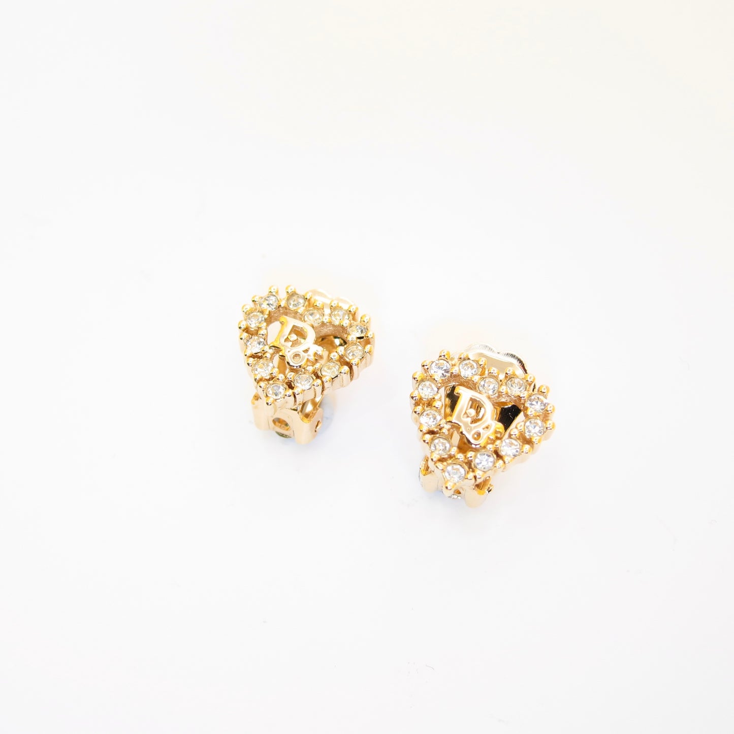 Christian Dior Vintage Dior Logo in Heart with Rhinestone Golden Clip-on Earrings