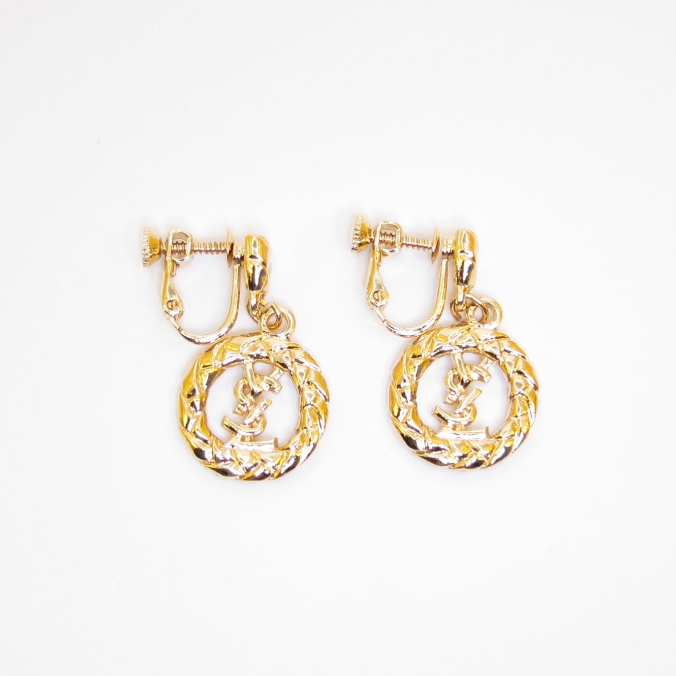 Yves Saint Laurent Vintage YSL Logo in Circle Dangle Golden Clip-on Earrings