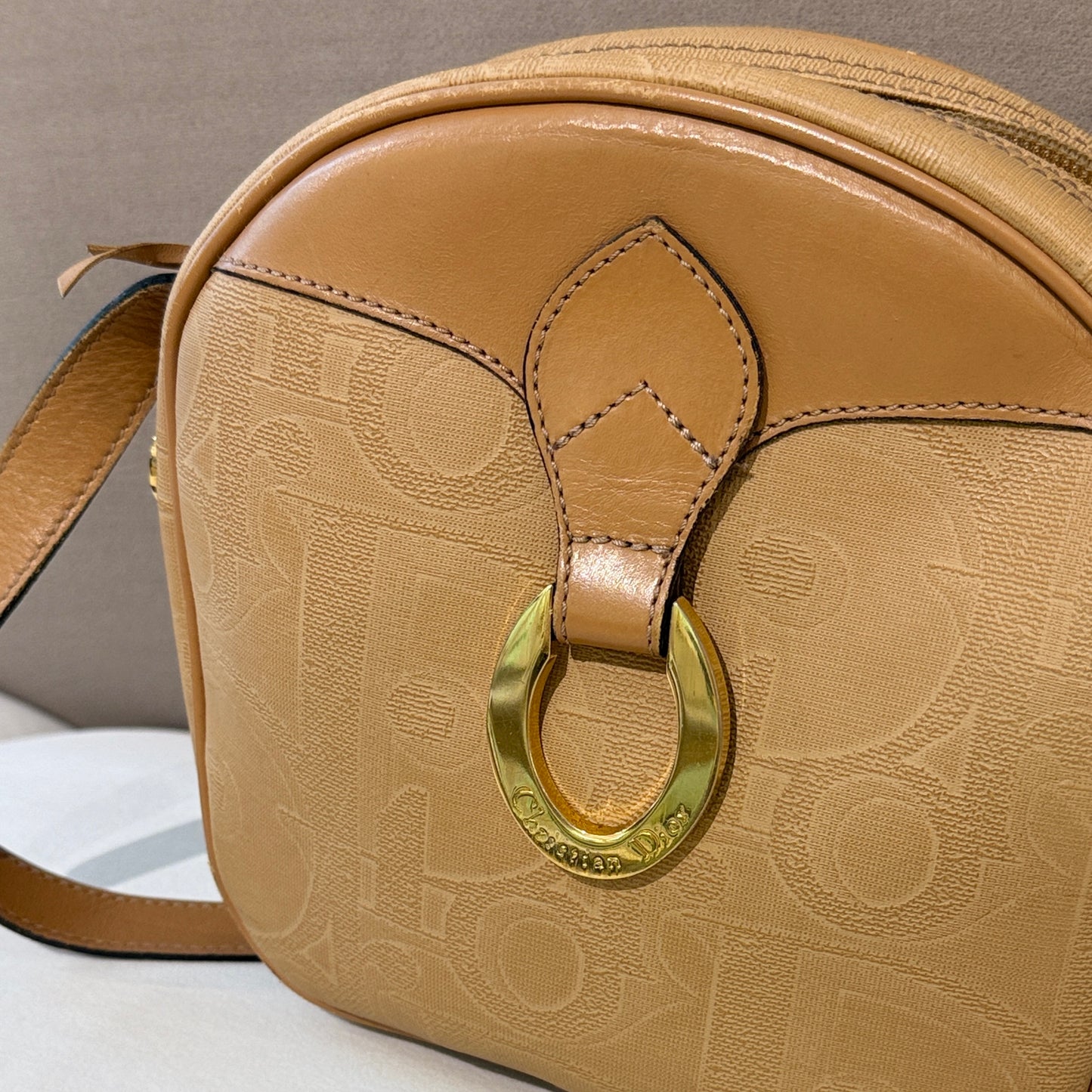 Christian Dior Vintage Golden Oval Logo With Light Brown Shoulder Bag