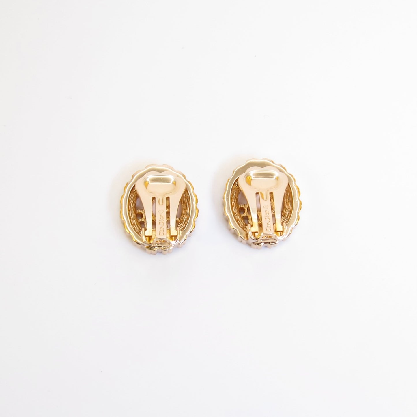 Christian Dior Vintage Dior Logo in Oval Shape with Rhinestone Golden Clip-on Earrings