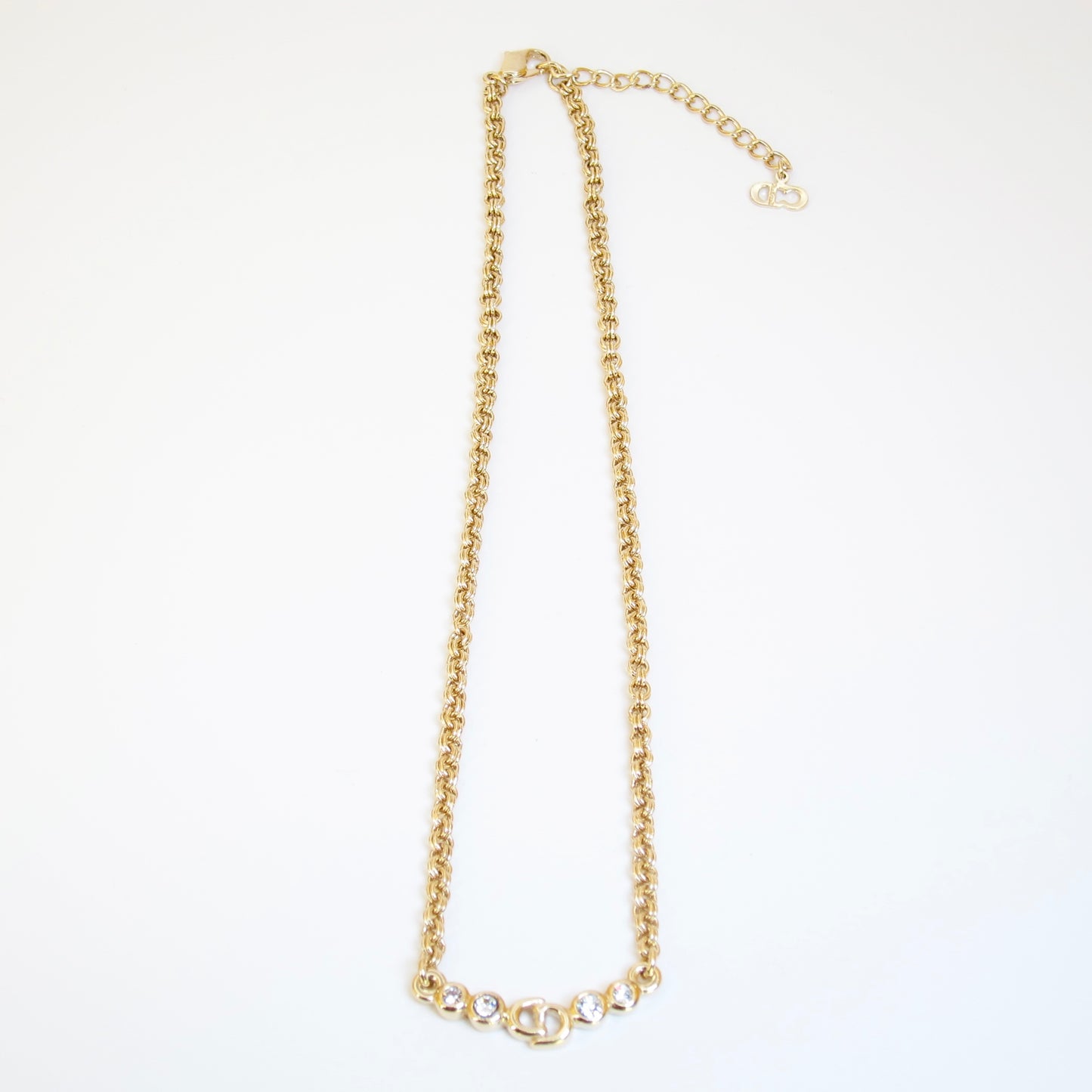 Christian Dior Vintage CD Logo and Rhinestone Golden Necklace