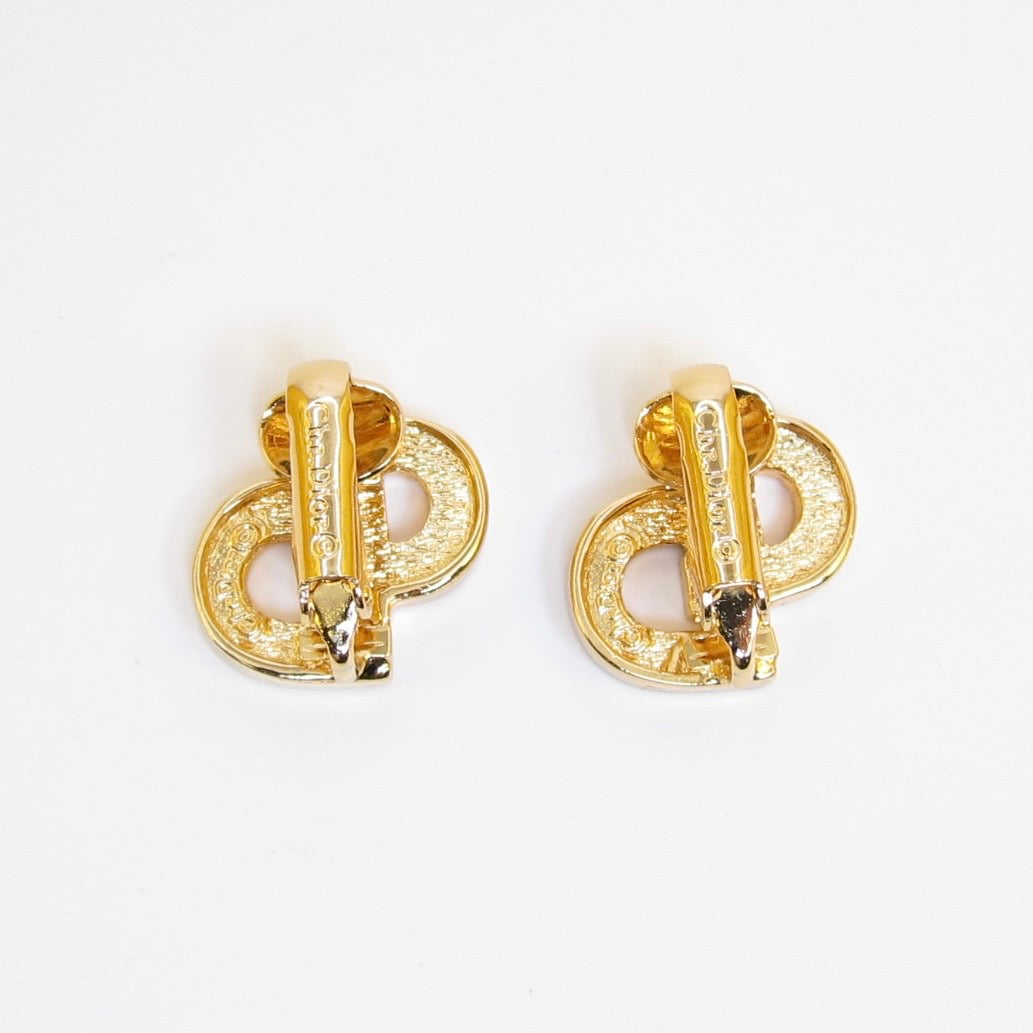 Christian Dior Vintage CD Logo with Rhinestone Golden Clip-on Earrings