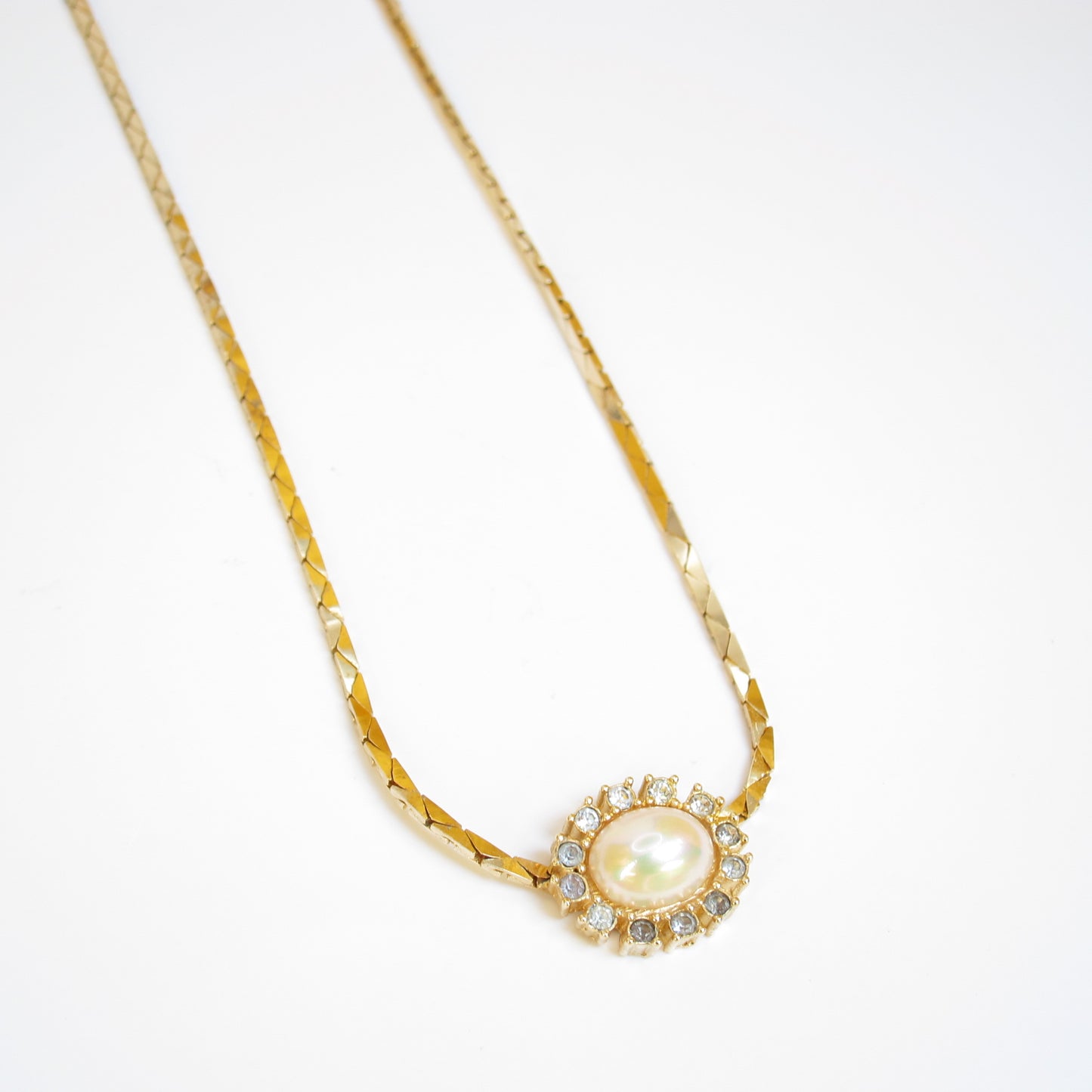 Christian Dior Vintage Oval Shape Pearl and Rhinestone Golden Necklace