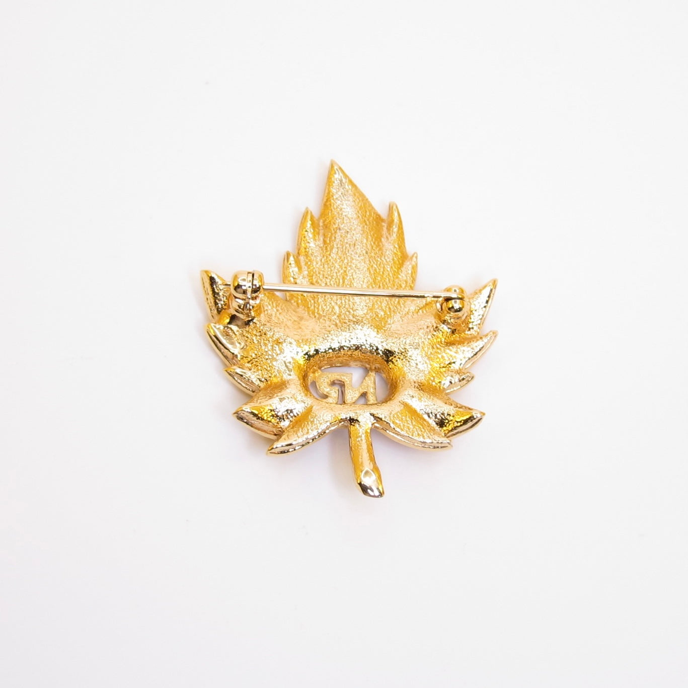Nina Ricci Vintage NR Logo and Rhinestone Leaf Motif Golden Brooch
